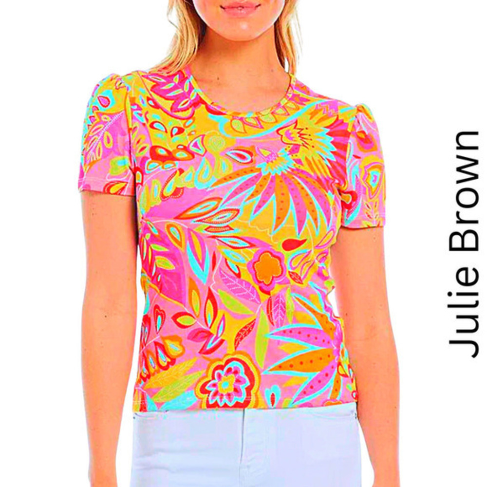 Julie Brown‎ Marty Amalfi Floral Print Crew Neck Short Puff Sleeve Tee Large NWT